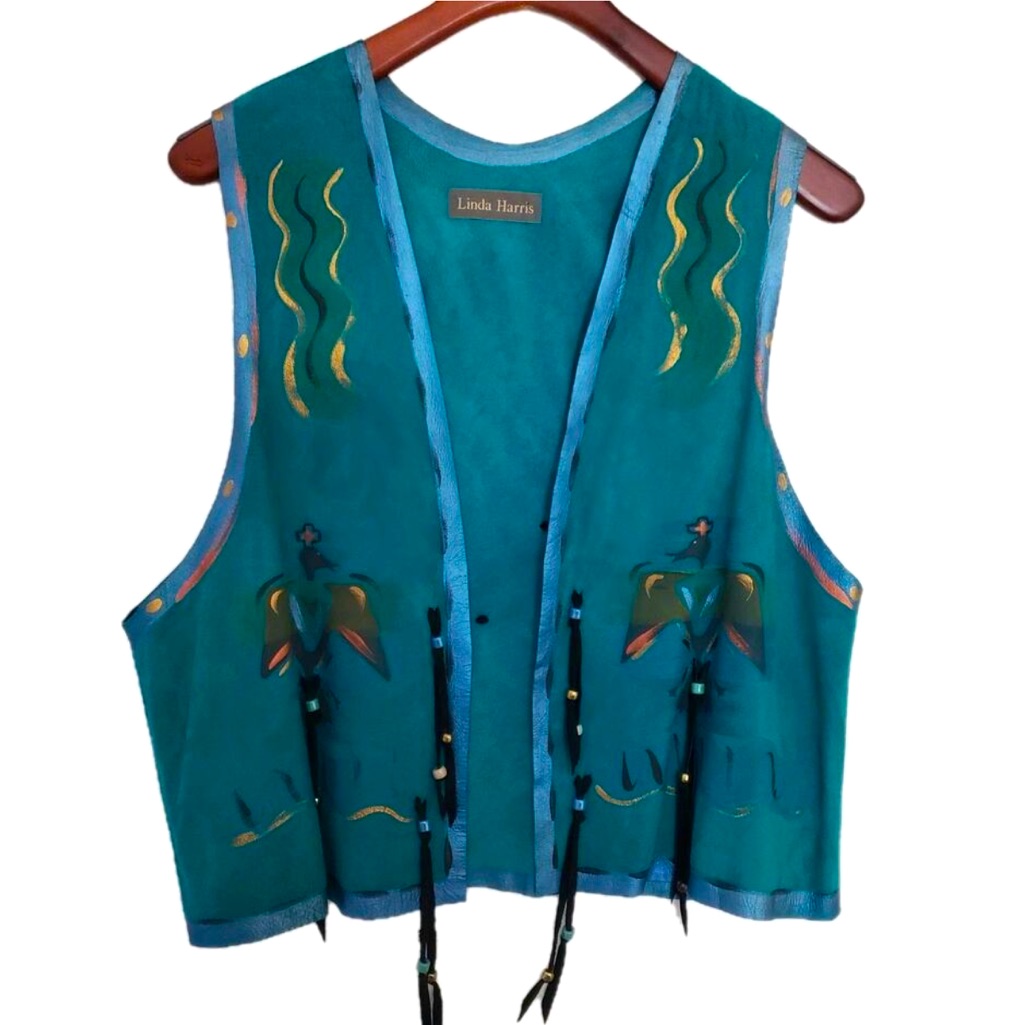 Linda Harris Artist Hand Painted Leather Vest Native American Boho Thunderbird